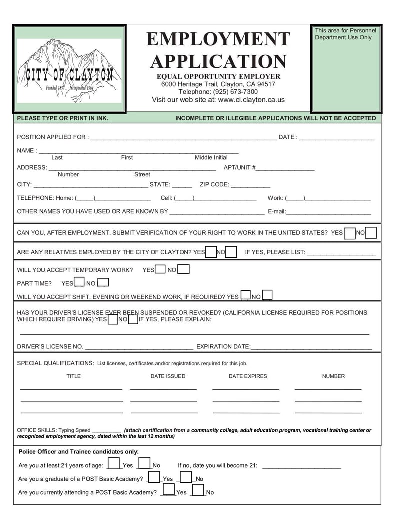 Large thumbnail of City of Clayton Employment Application Form - May 2014