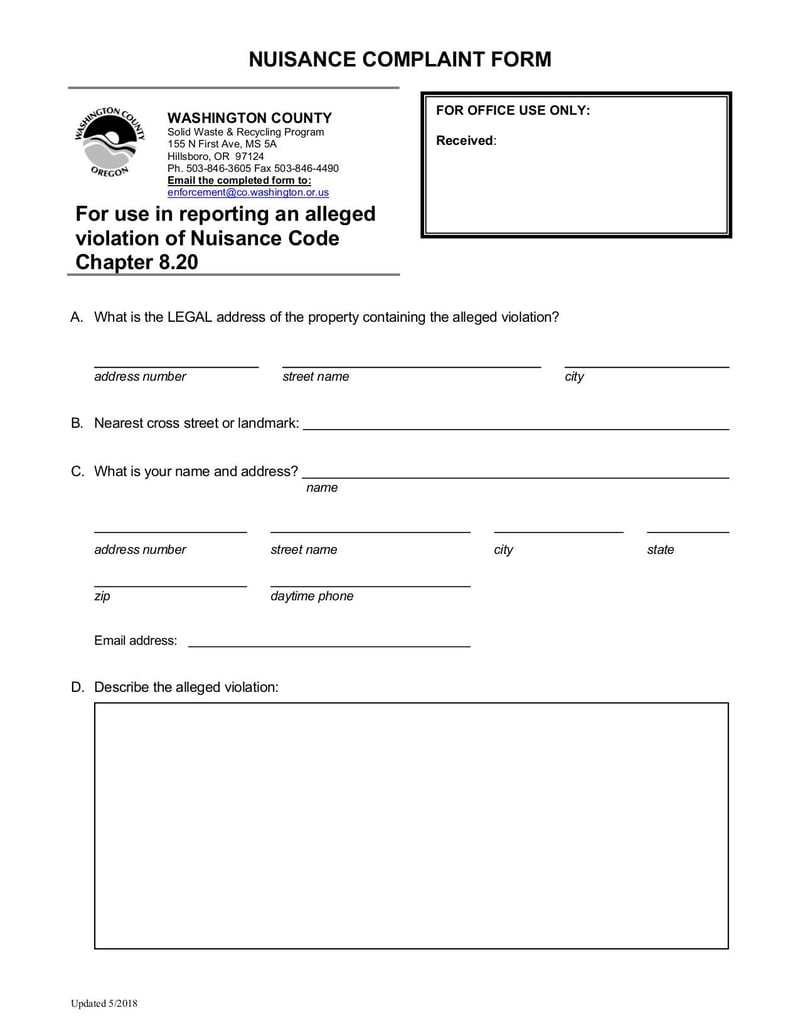 Large thumbnail of Nuisance Code Complaint Form - May 2018