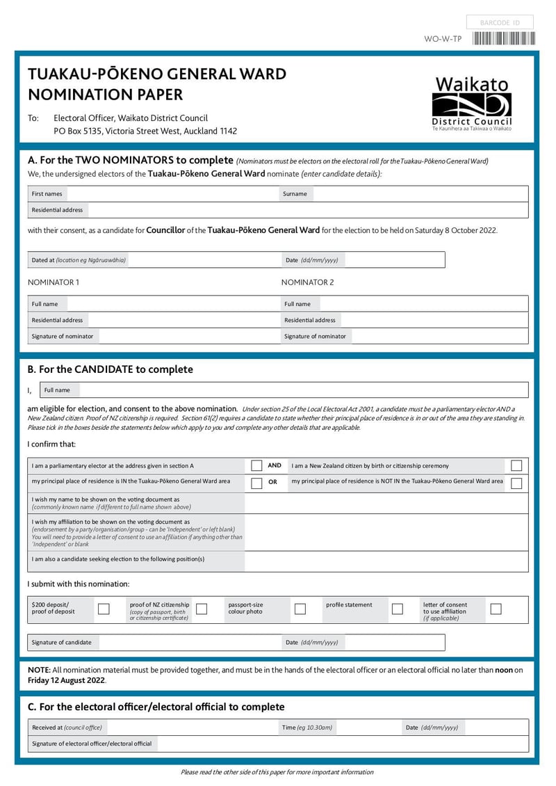 Thumbnail of Tuakau Pōkeno General Ward Nomination Form - Jul 2022 - page 0