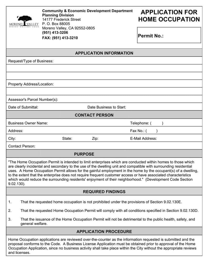 Large thumbnail of City of Moreno Valley Home Occupation Permit Application