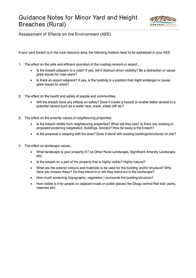 Large thumbnail of Checklist and AEE Guidance Notes for Minor Yard and Height Breaches - Rural - Mar 2020