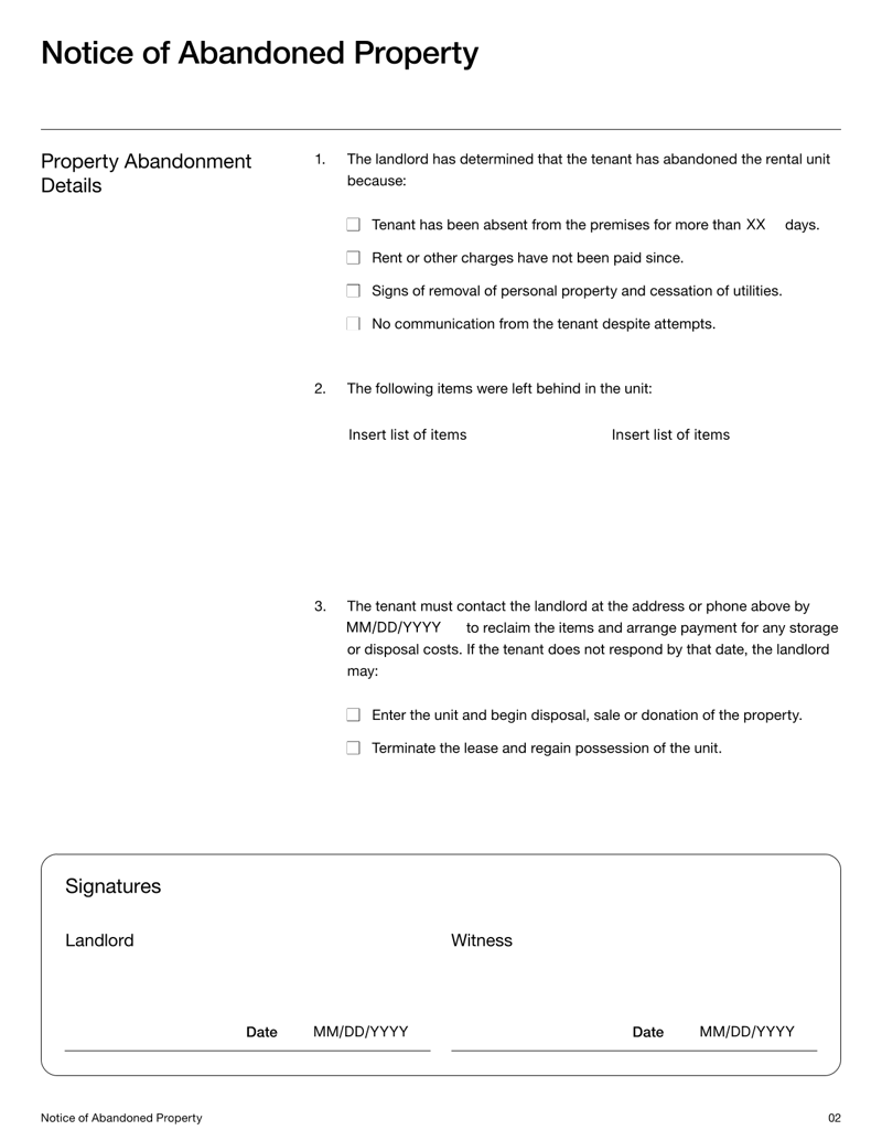 Notice of Abandoned Property form with landlord, tenant, and property details plus signature fields