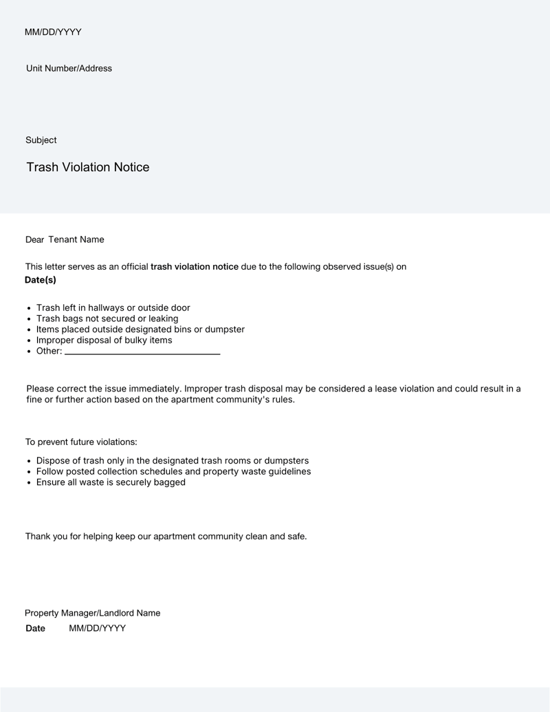 Trash Violation Notice for tenants, including sections for observed trash violations, corrective actions and the property manager’s signature