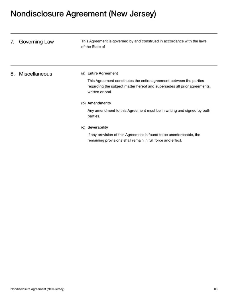 New Jersey Nondisclosure Agreement document with confidentiality and non-disclosure terms