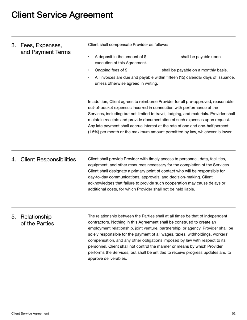Client Service Agreement covering scope of services, fees, responsibilities and dispute resolution