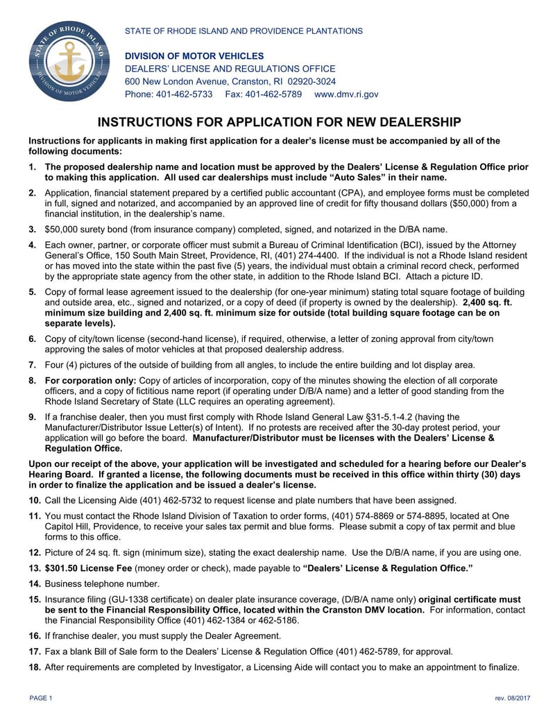 Large thumbnail of Rhode Island Application for New Dealership License (2017)