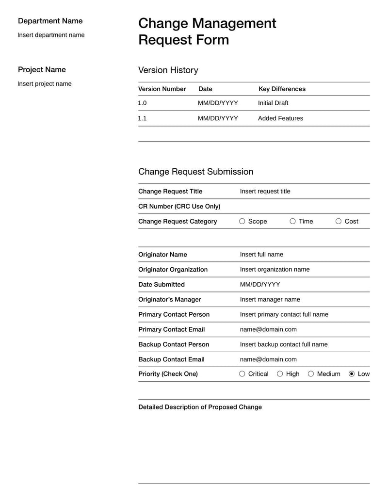 Change Management Request Form for proposing system or process changes