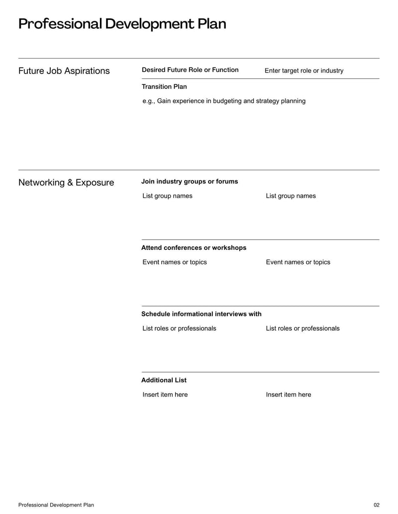 Professional Development Plan Form for outlining employee growth goals and training