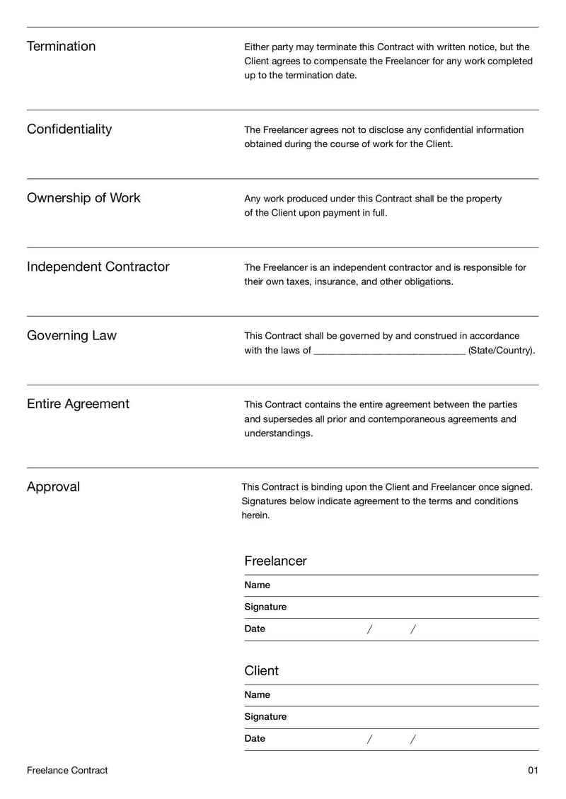 Freelance contract template for outlining terms and conditions between freelancers and clients