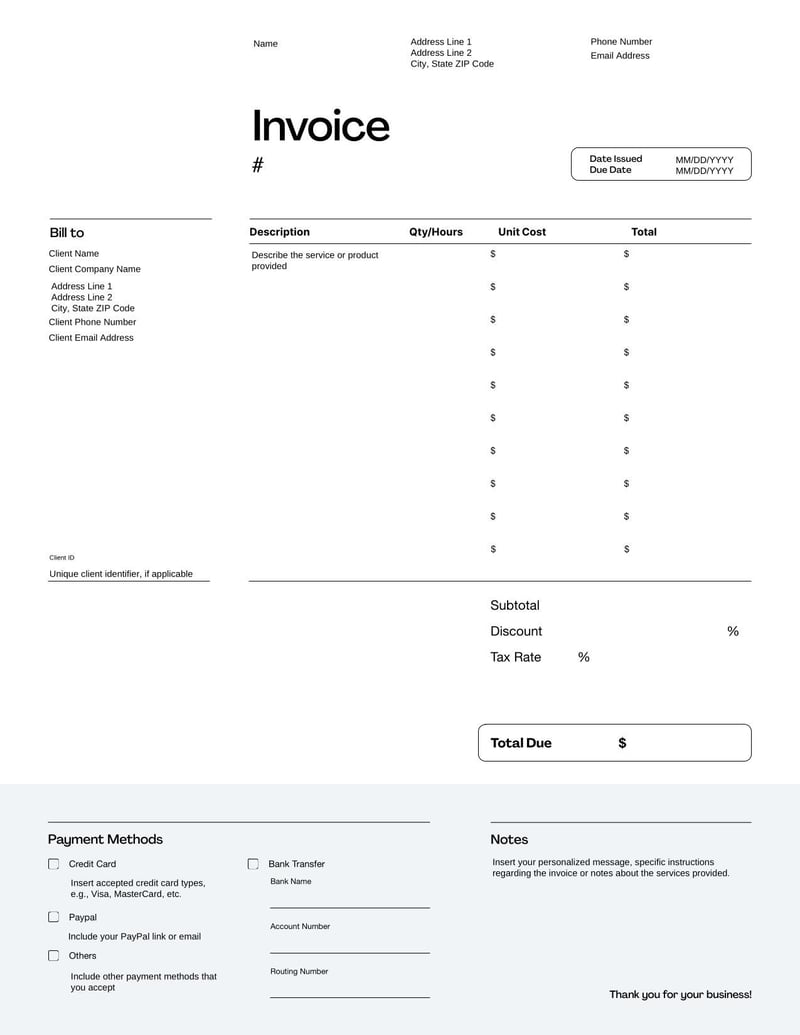 Self-Employed Invoice for freelancers and independent contractors to bill clients for services rendered