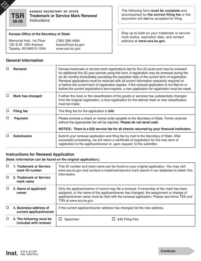 Large thumbnail of Trademark or Service Mark Renewal (Form K.S.A. 81-207) - Feb 2018