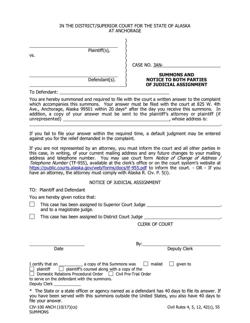 Large thumbnail of Summons and Notice to Both Parties of Judicial Assignment (Form CIV-100 ANCH) - Aug 2018