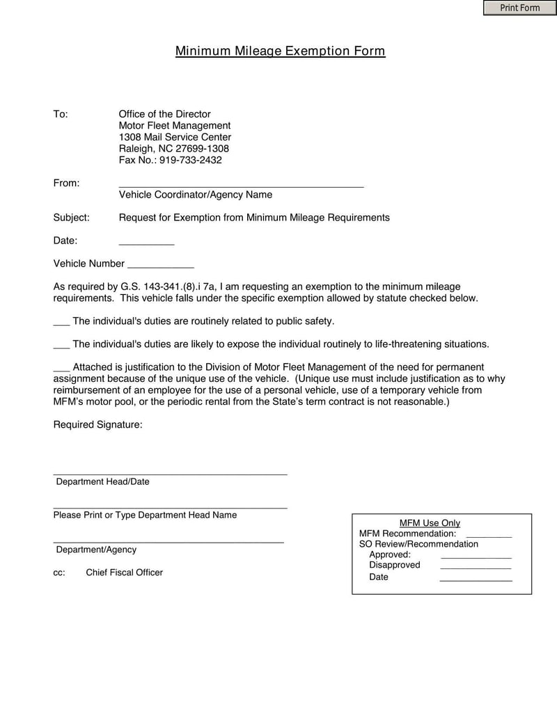 Large thumbnail of North Carolina Minimum Mileage Exemption Request Form