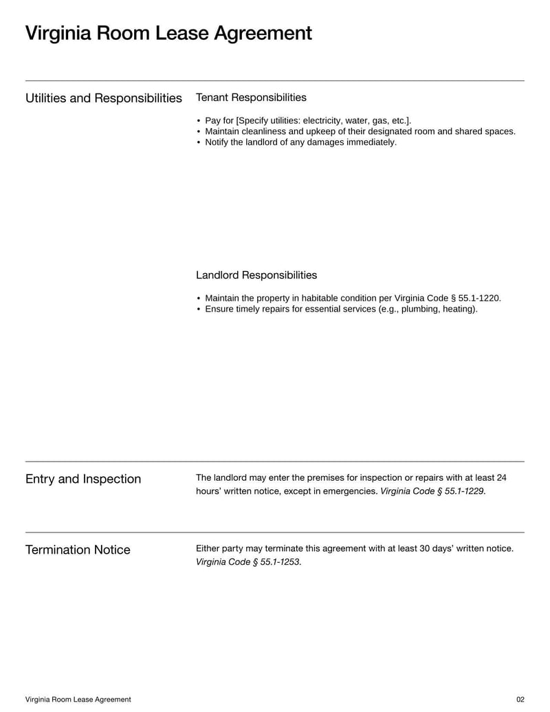 Room Lease Agreement Virginia for specifying rental terms, tenant responsibilities, and use of a room within a residential property 