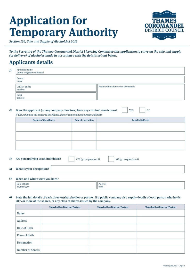Large thumbnail of Temporary Authority Application Form - Jun 2021