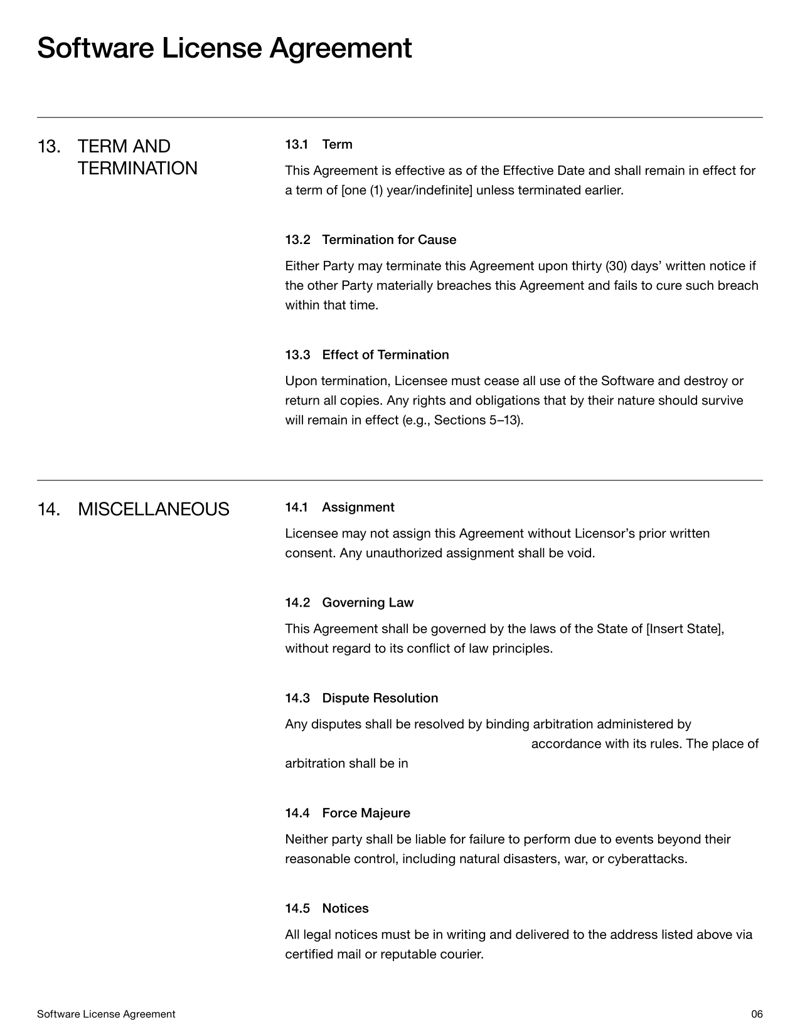 Software License Agreement for setting software usage rights between licensor and licensee