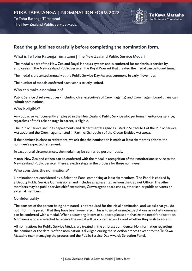 Large thumbnail of New Zealand Public Service Medal Nomination Form and Guidelines - Mar 2022