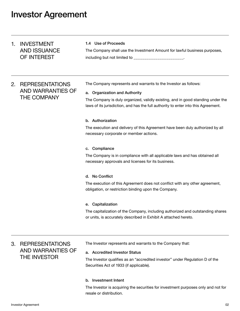Investor Agreement template detailing investment terms, ownership rights and share transfer conditions