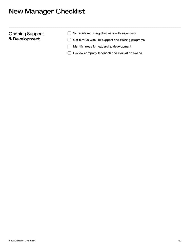 New Manager Checklist for guiding first-time managers through onboarding, training, and leadership responsibilities