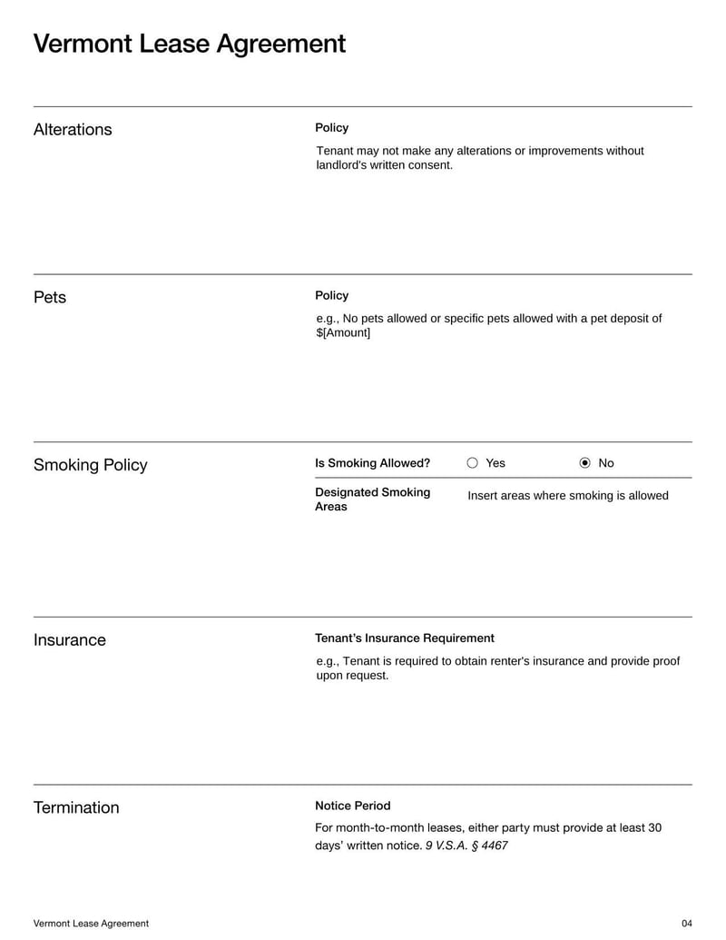 Large thumbnail of Vermont Lease Agreement Template