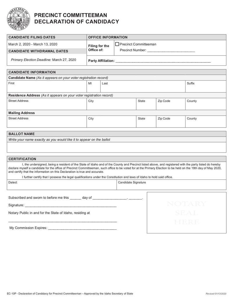 Large thumbnail of Precinct Committeeman Declaration of Candidacy - Jan 2020