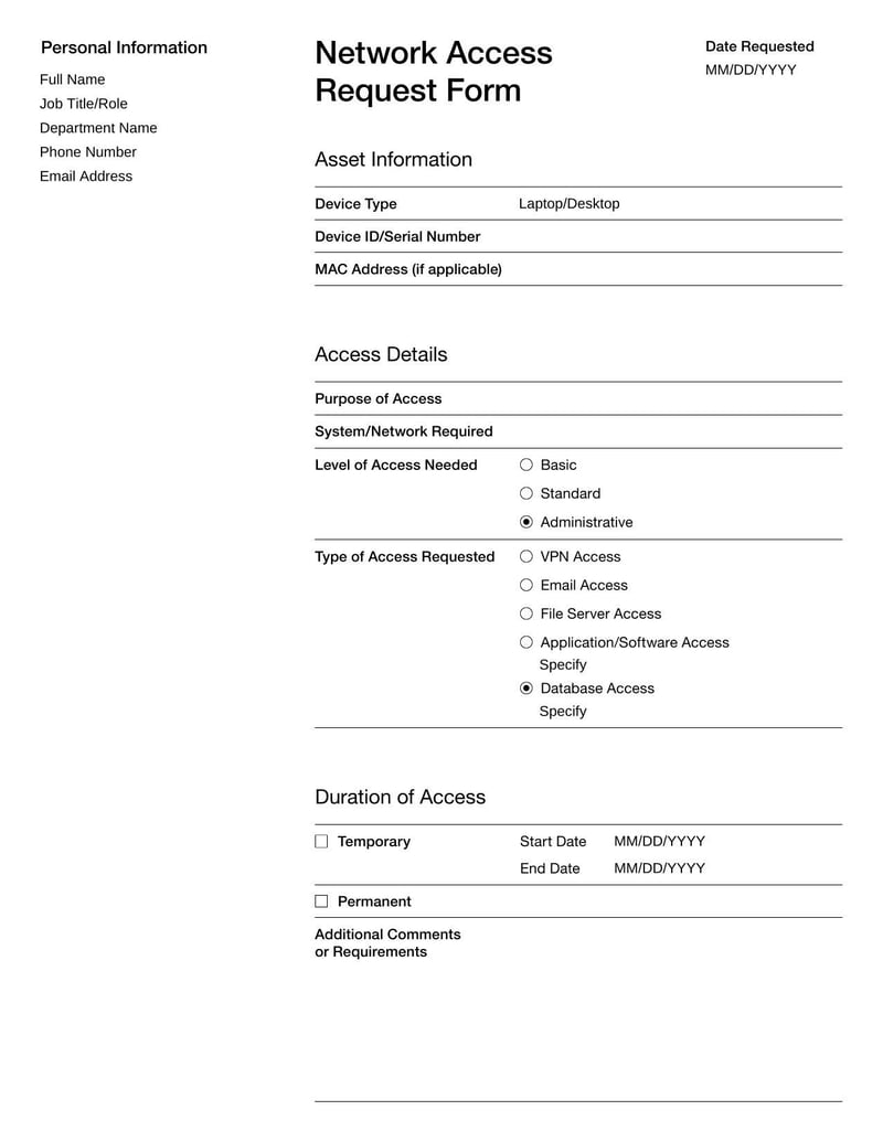 Network Access Request Form for gaining access to secured digital networks