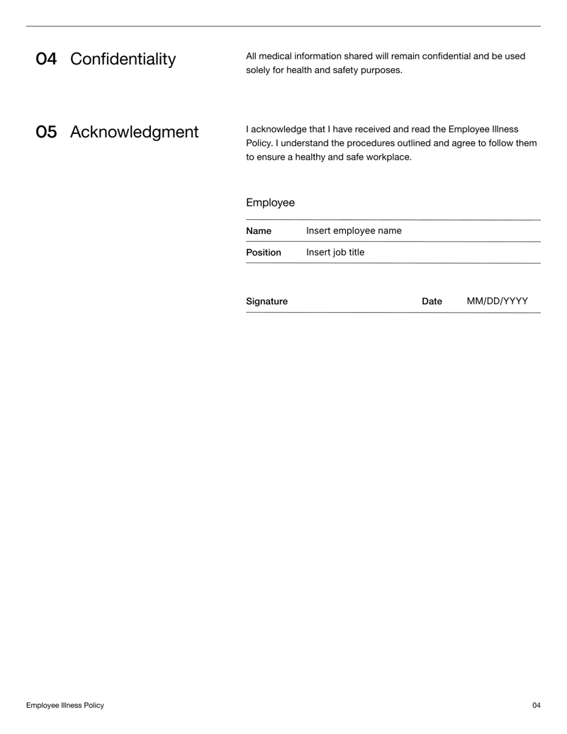 Employee Illness Policy Template outlining workplace safety protocols and sick leave procedures