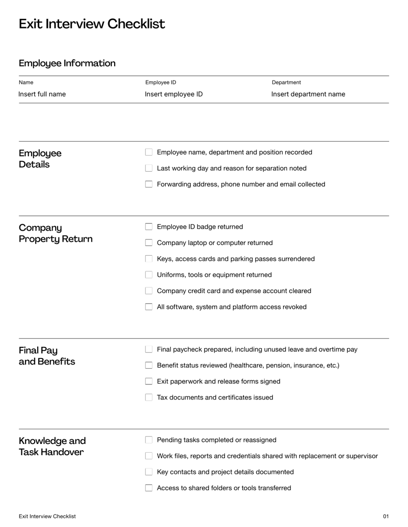 Exit Interview Checklist form listing items for employee clearance, property return, task handover and sign-off