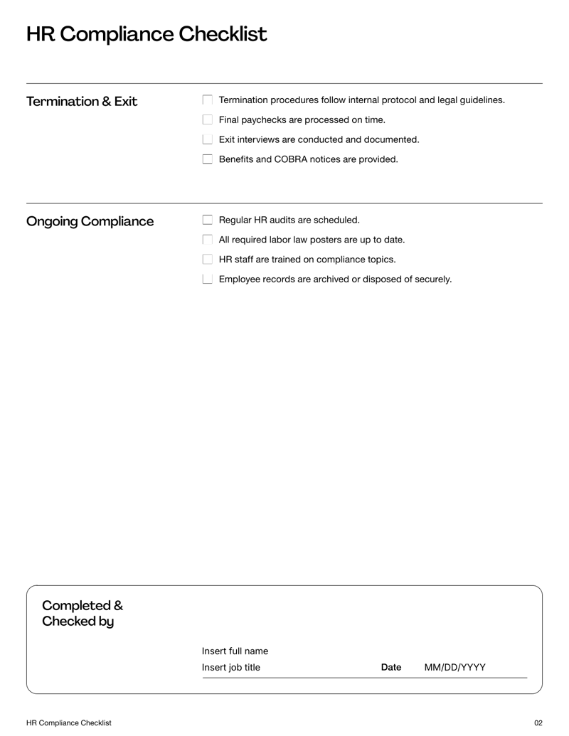 HR Compliance Checklist with sections for recruitment, documentation, wages, safety, leave, and termination tracking
