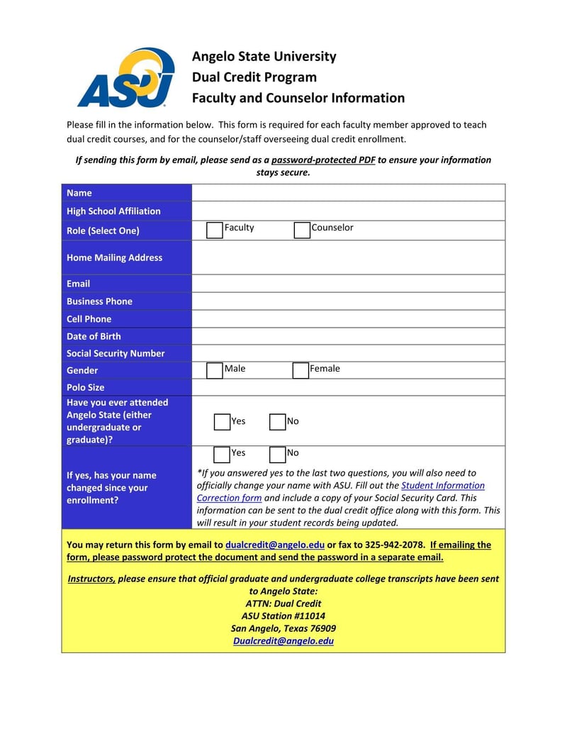 Large thumbnail of Angelo State University Dual Credit Program Faculty and Counselor Information Form