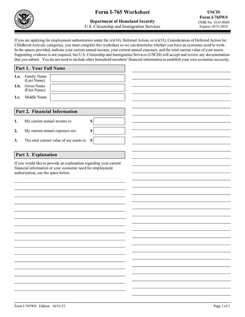 Form I-765WS - Oct 2022 - page 9