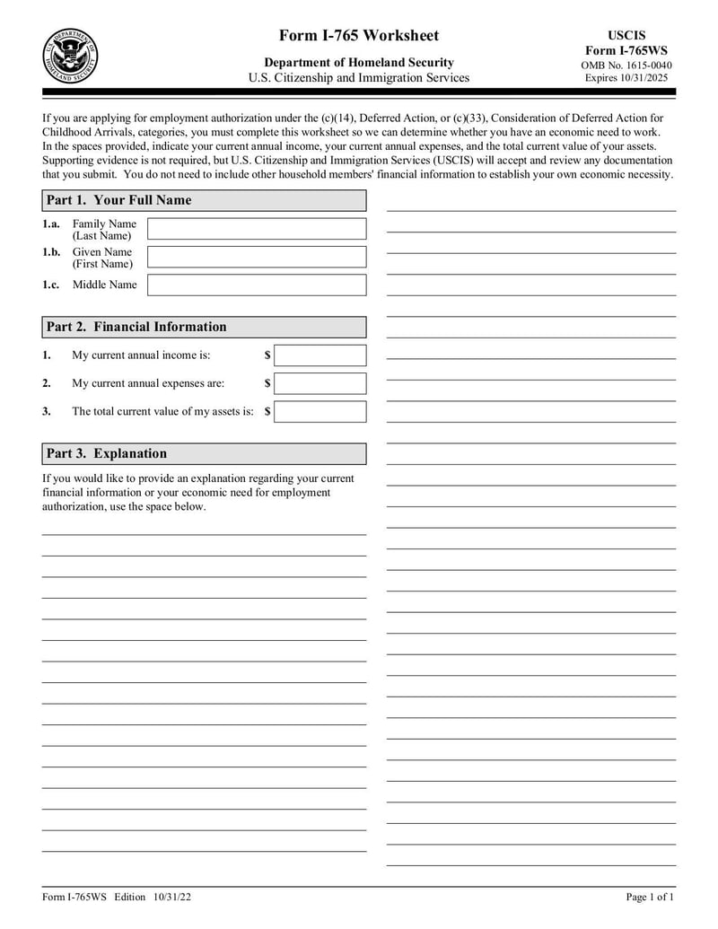 Large thumbnail of Form I-765WS - Oct 2022