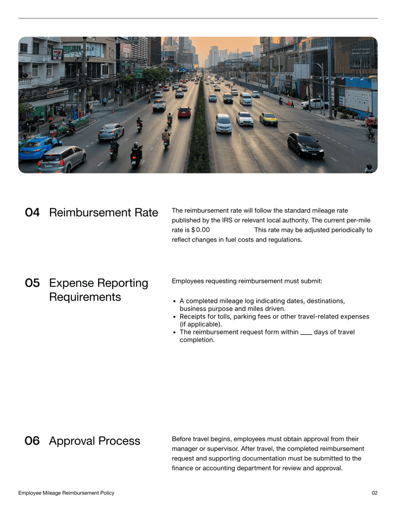 Employee Mileage Reimbursement Policy template describing eligibility, rate, documentation and claim procedures