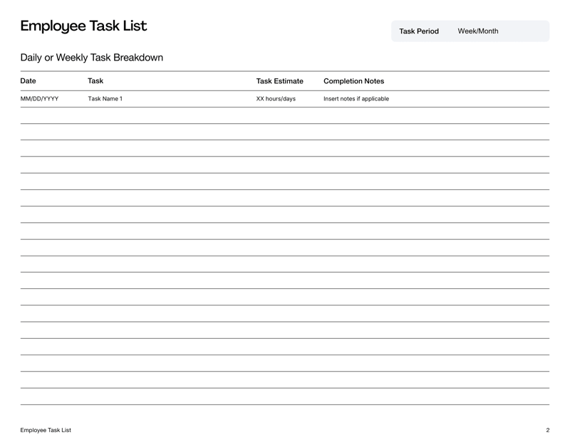 Employee Task List with tables for task details, daily or weekly breakdowns, progress notes and review fields