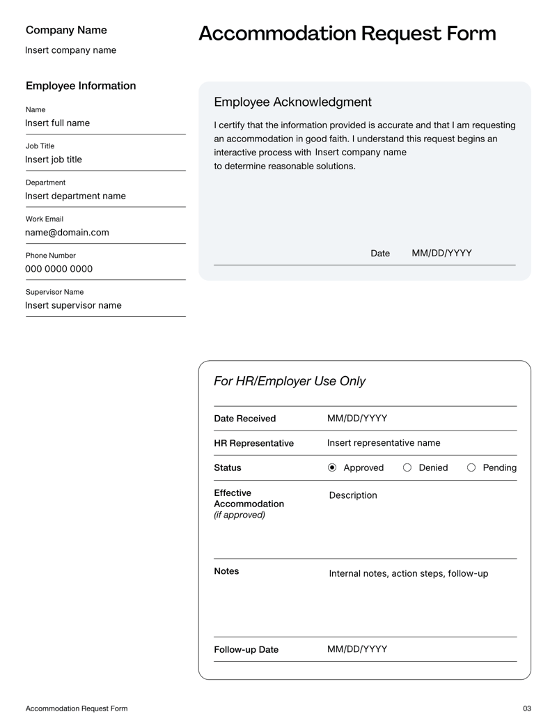 Accommodation Request Form for submitting workplace accommodation due to disability, religion or medical needs