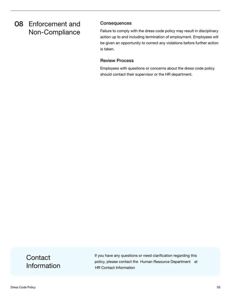 Dress Code Policy Document specifying workplace attire expectations and guidelines