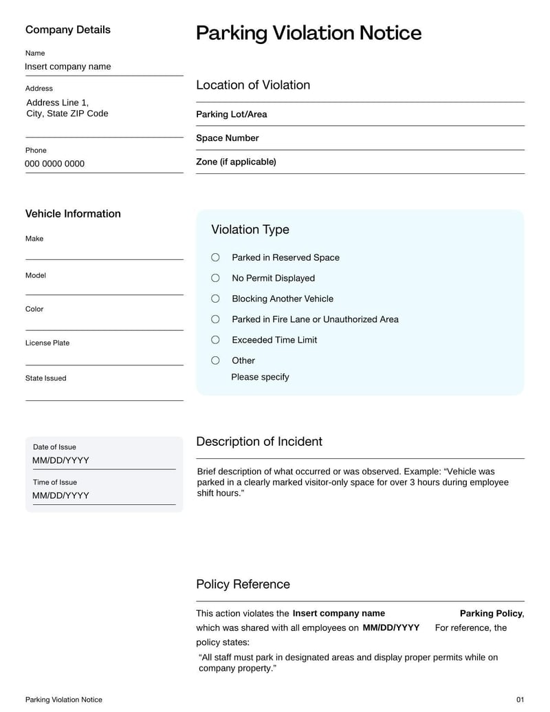 Parking Violation Notice for informing individuals of a parking rule infraction