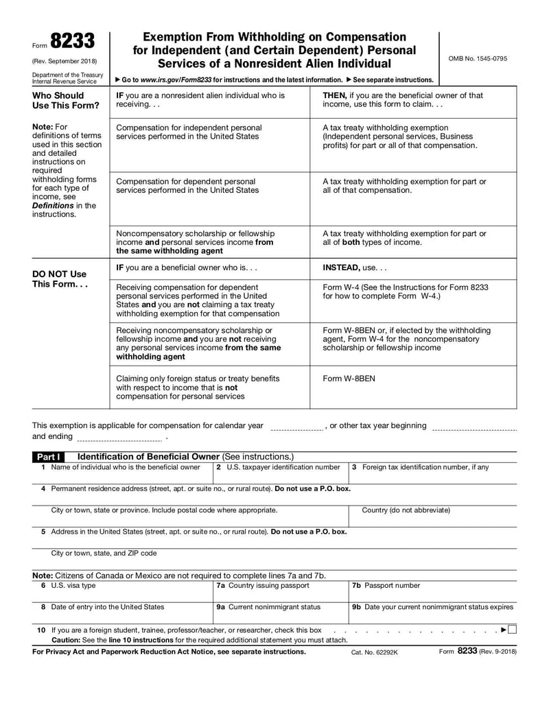 Large thumbnail of Form 8233 - Sep 2018