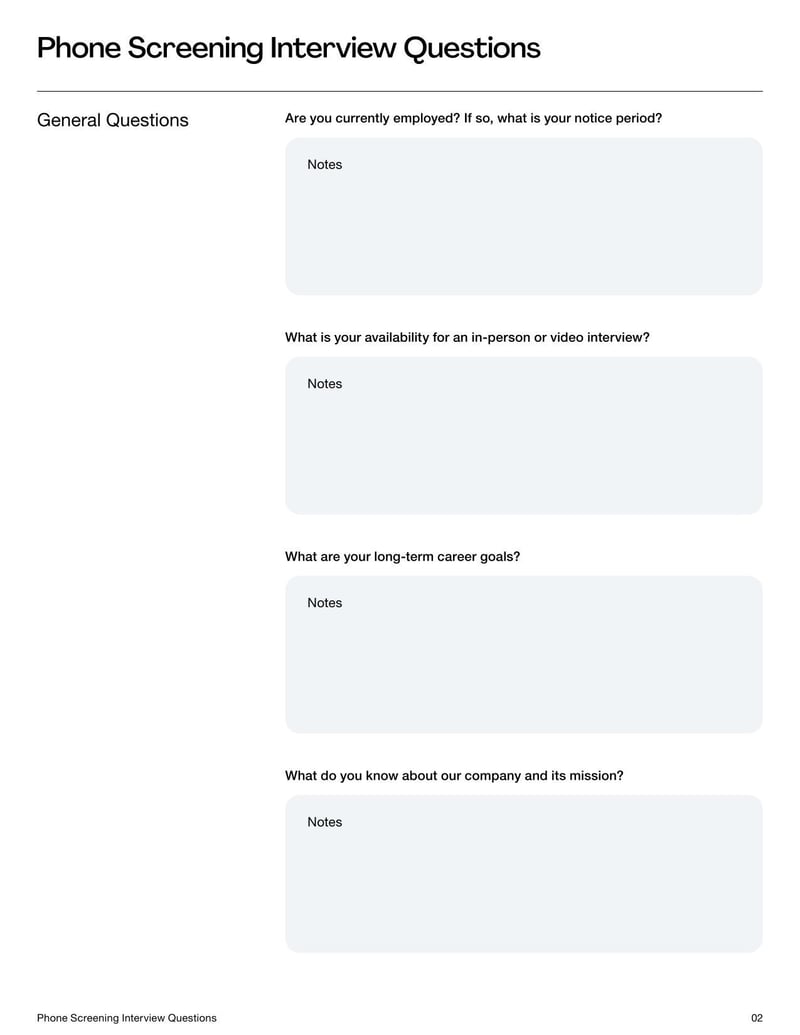 Phone Screen Interview Questions Template for evaluating a candidate’s qualifications, experience, and job fit during an initial call