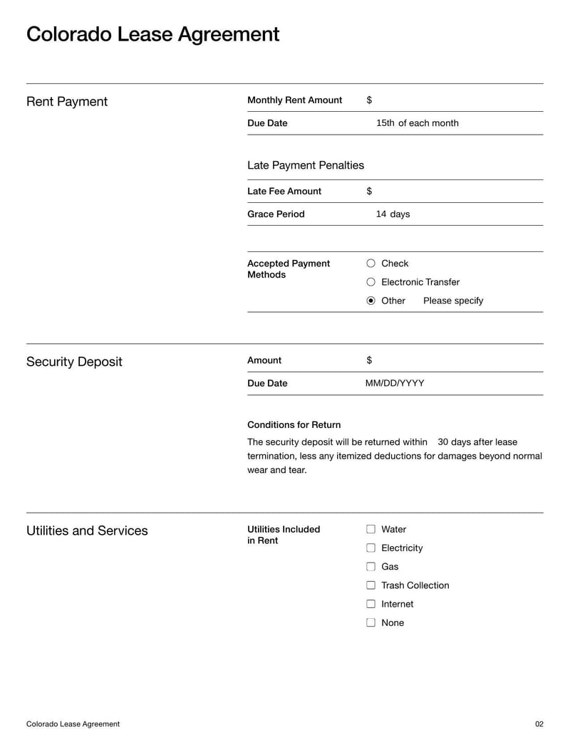 Colorado Lease Agreement for rental terms in Colorado
