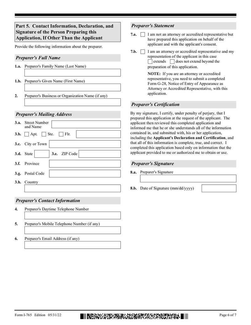 Thumbnail of Form I-765 - Oct 2022 - page 5