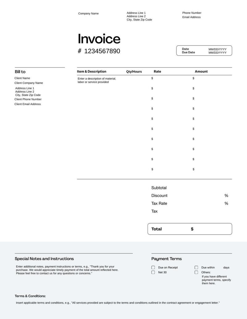 Construction Invoice Template for billing clients for labor, materials, and project costs in the construction industry