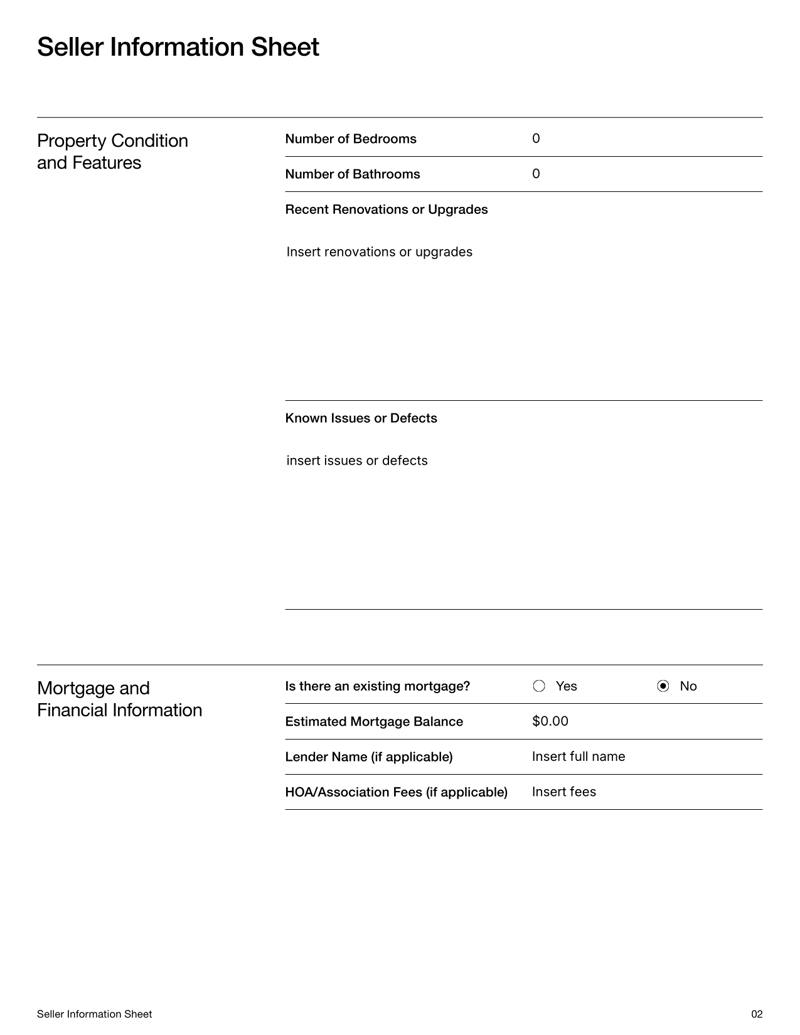 Seller Information Sheet Real Estate with sections for property details, ownership information, financial data and selling timeline