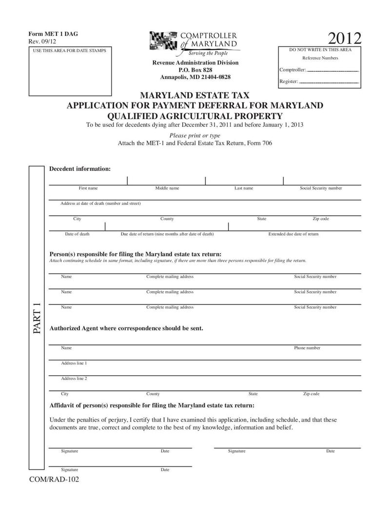 Large thumbnail of Maryland Estate Tax Return | MET-1DAG - Sep 2012