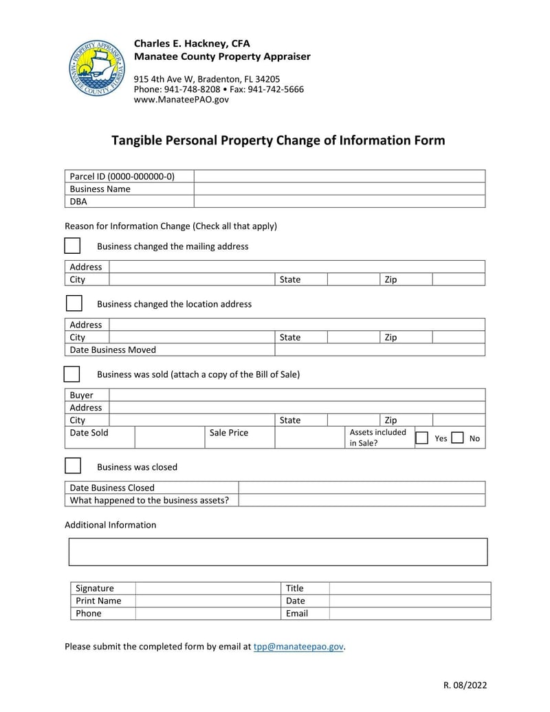 Large thumbnail of Manatee Tangible Personal Property Change of Information Form - Aug 2022