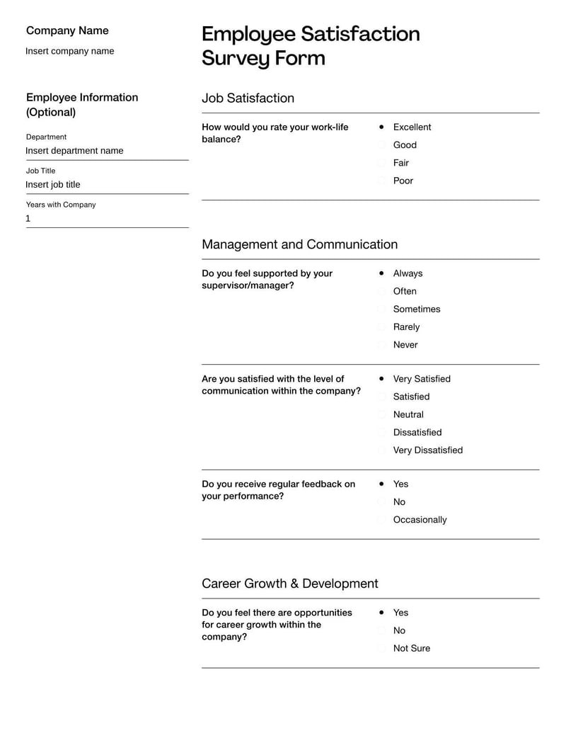 Employee Satisfaction Survey assessing employee contentment with their work environment and job roles