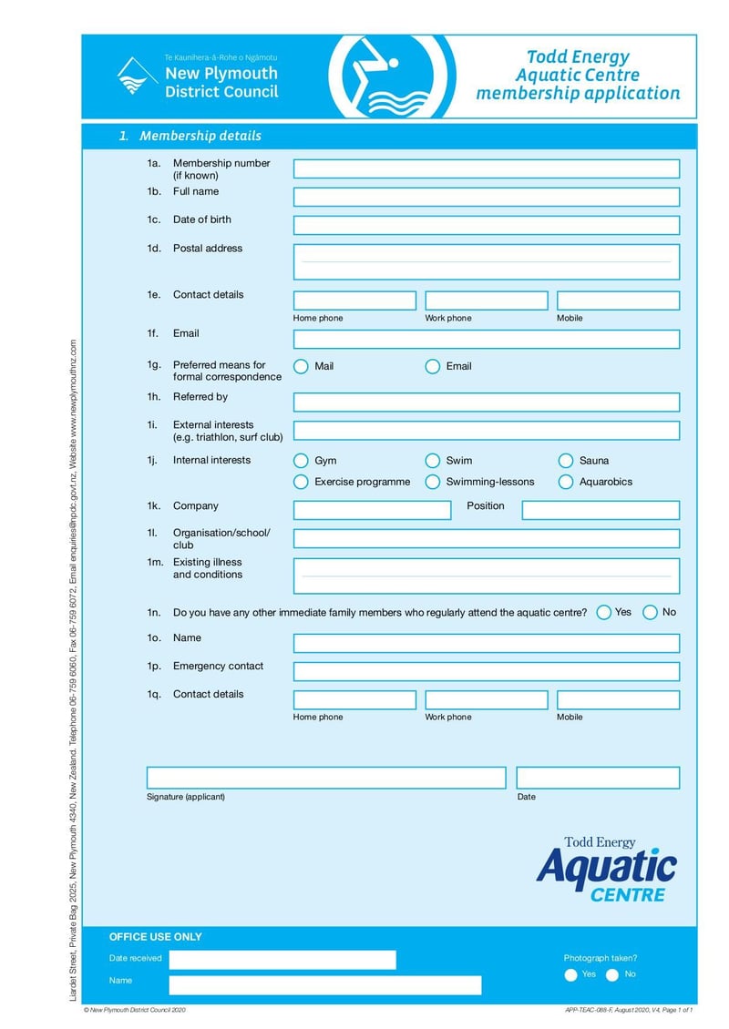 Large thumbnail of Todd Energy Aquatic Centre Membership Application - Aug 2020