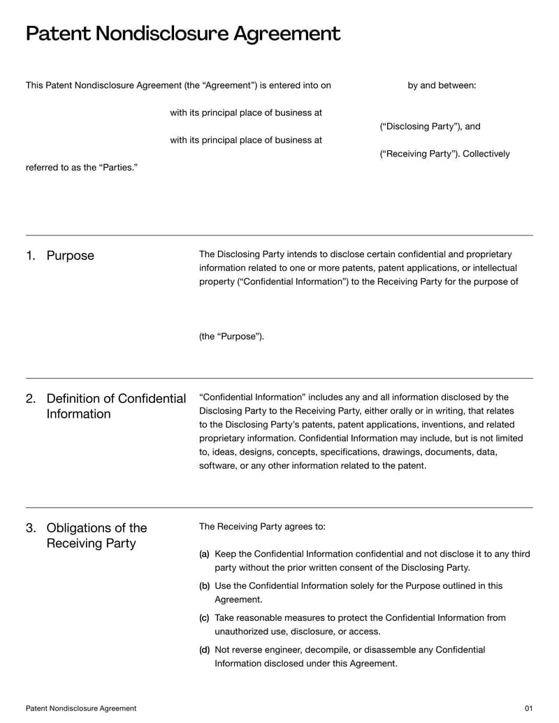 Patent Nondisclosure Agreement protecting confidential inventions, disclosure limits, and legal duties
