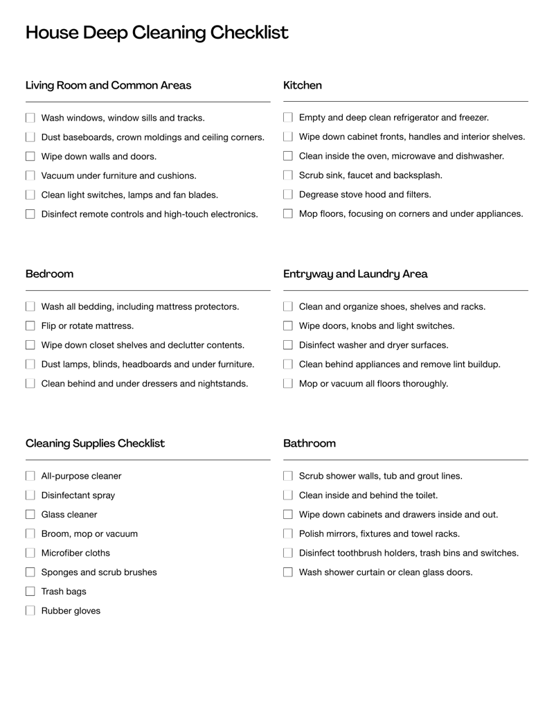 Deep Cleaning Checklist with tasks for kitchen, bathroom, bedroom and common areas