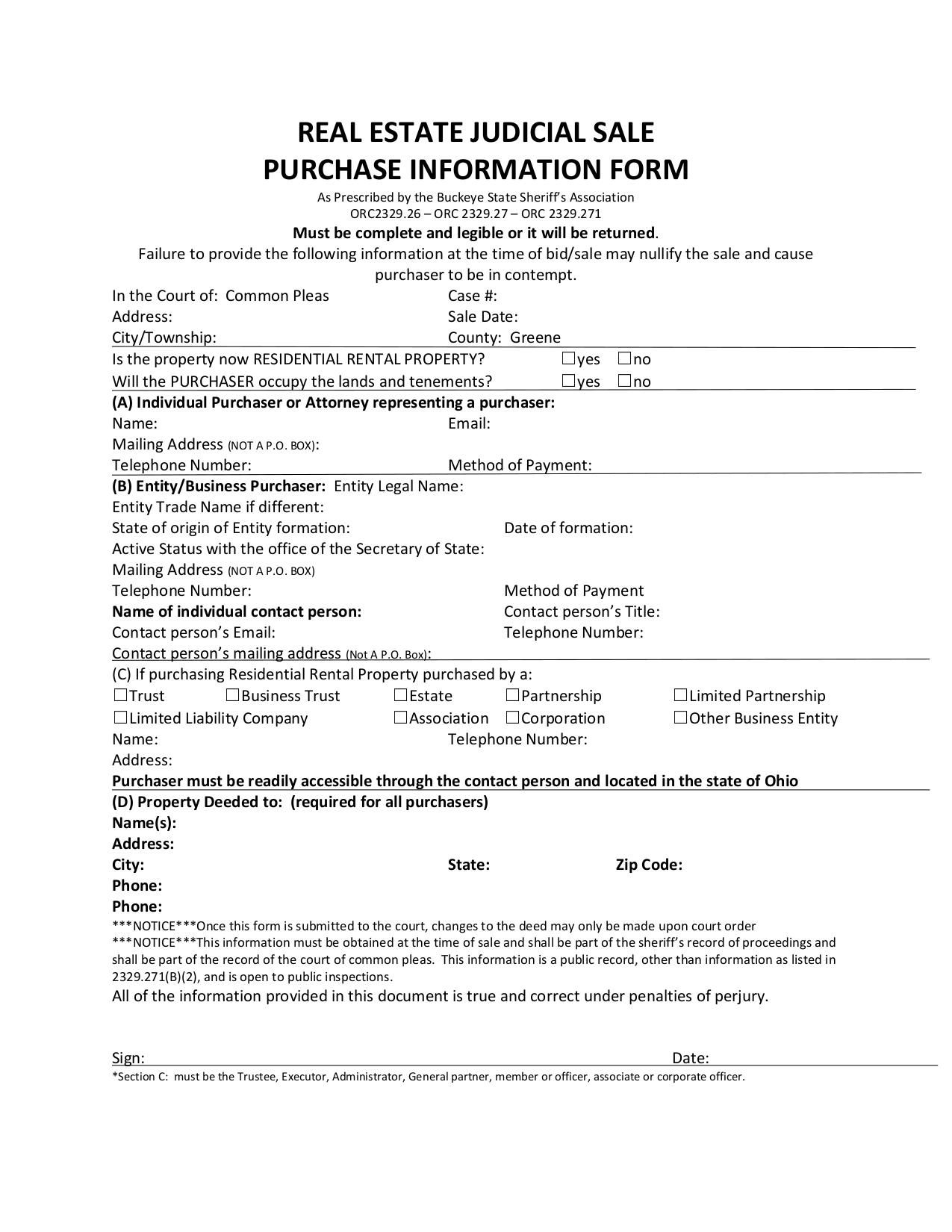 Real Estate Judicial Sale Purchase Information Form Fill and sign